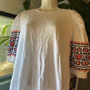 Ann Taylor White dress with Pattern Puff Sleeves